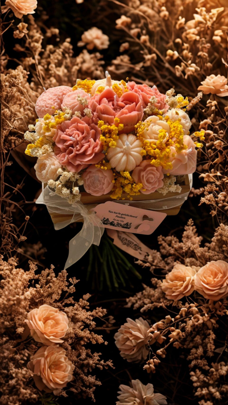 Golden Herfst Bloemenkaars – Geschenkbox met Cozy Geur (Patchouli, Spice & Vanille) Karamela Kaarsen