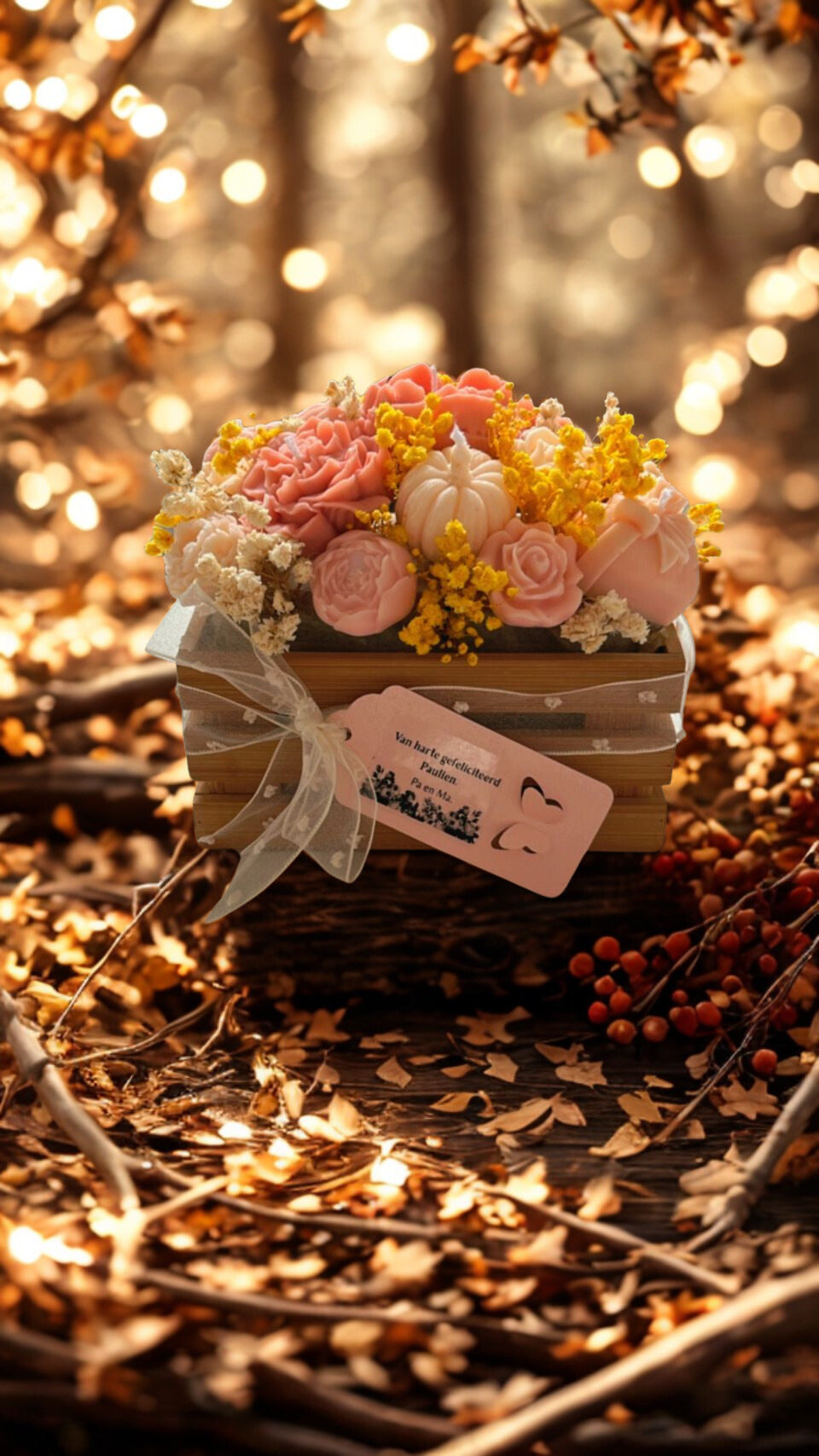 Golden Herfst Bloemenkaars – Geschenkbox met Cozy Geur (Patchouli, Spice & Vanille) Karamela Kaarsen