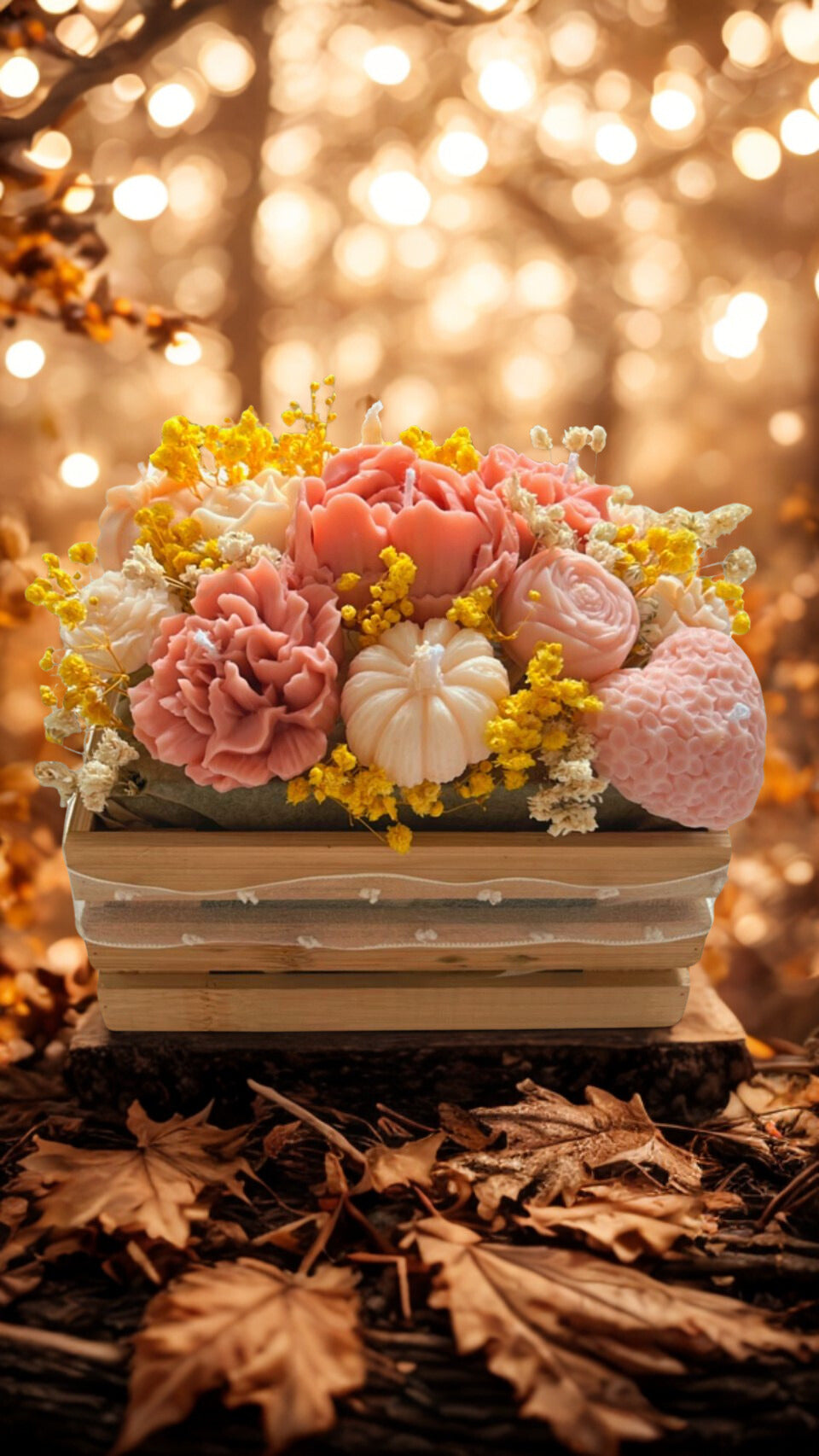 Golden Herfst Bloemenkaars – Geschenkbox met Cozy Geur (Patchouli, Spice & Vanille) Karamela Kaarsen