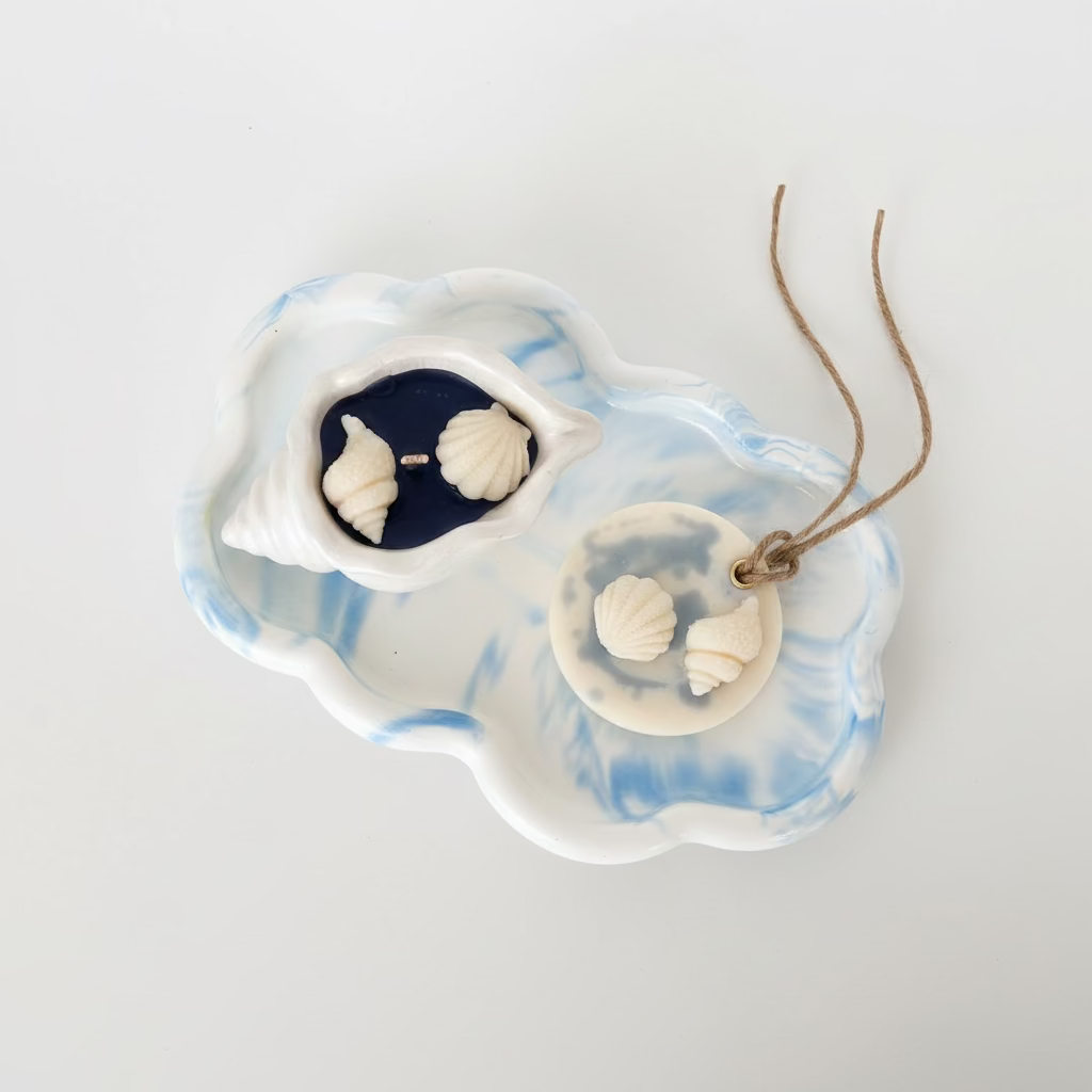 Ocean Breeze Gift Set – Schelpkaars, Geurtablet & Decoratieve Tray