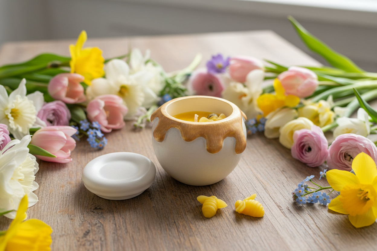 Handgemaakte kaars in potje met honing en bijtje - Honing & Melk geur Karamela Kaarsen