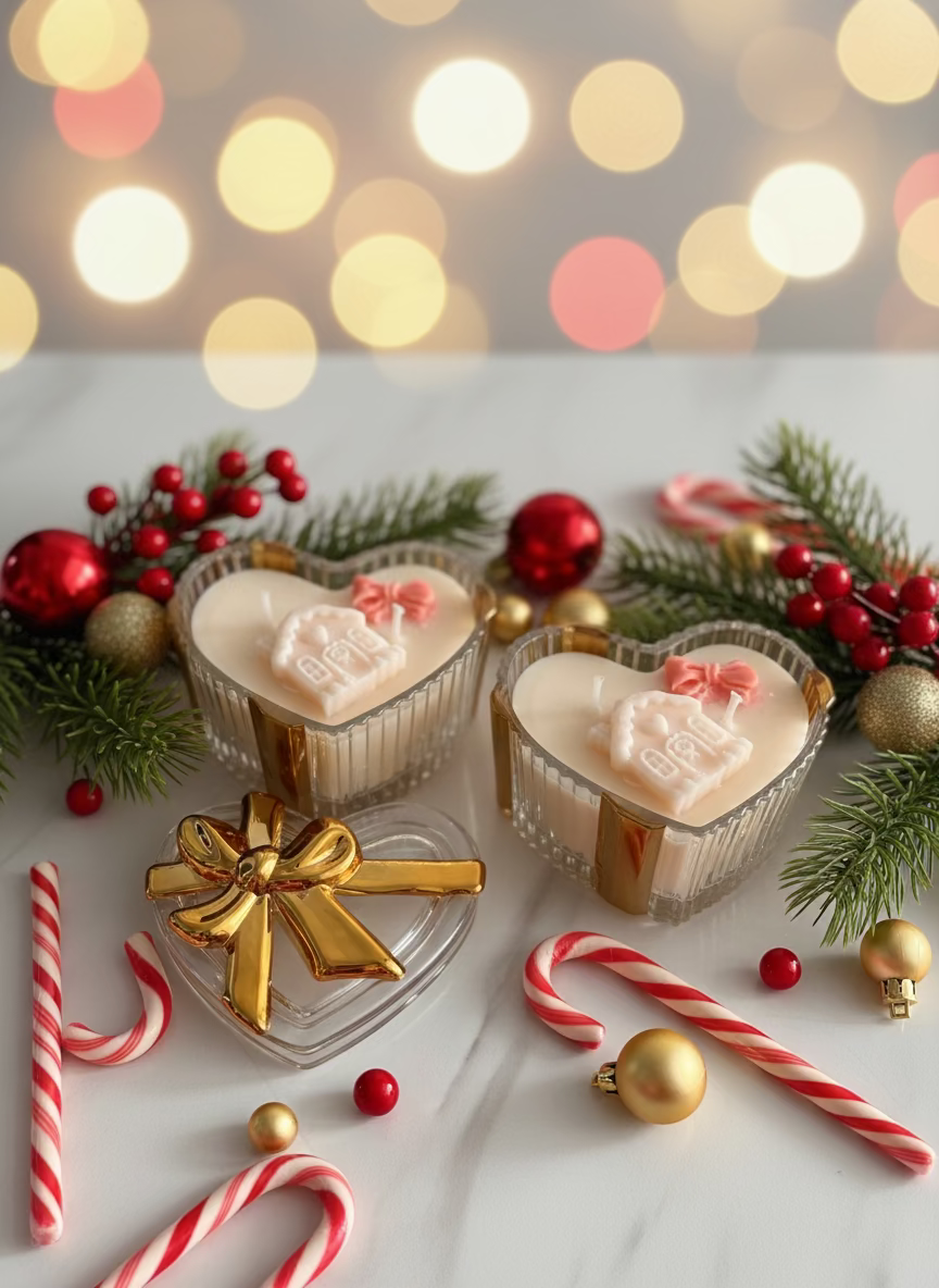 Candy Cane Hartjeskaars – Luxe Cadeaukaars met Strikdeksel (150g) Karamela Kaarsen