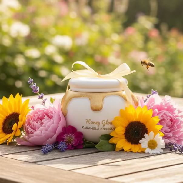 Handgemaakte kaars in potje met honing en bijtje - Honing & Melk geur Karamela Kaarsen