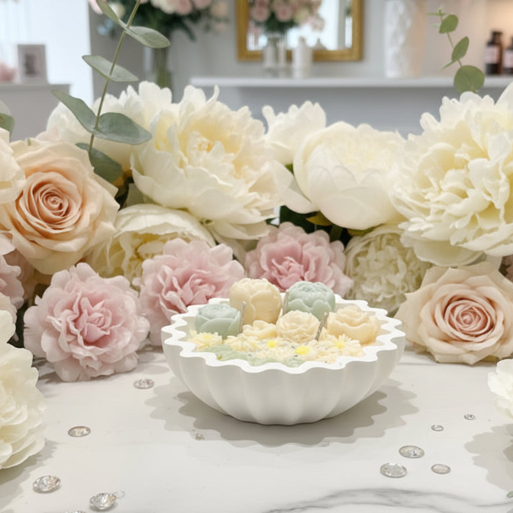 Floral Whisper – Handgemaakte Designer Kaars met Unieke Schaal Karamela Kaarsen