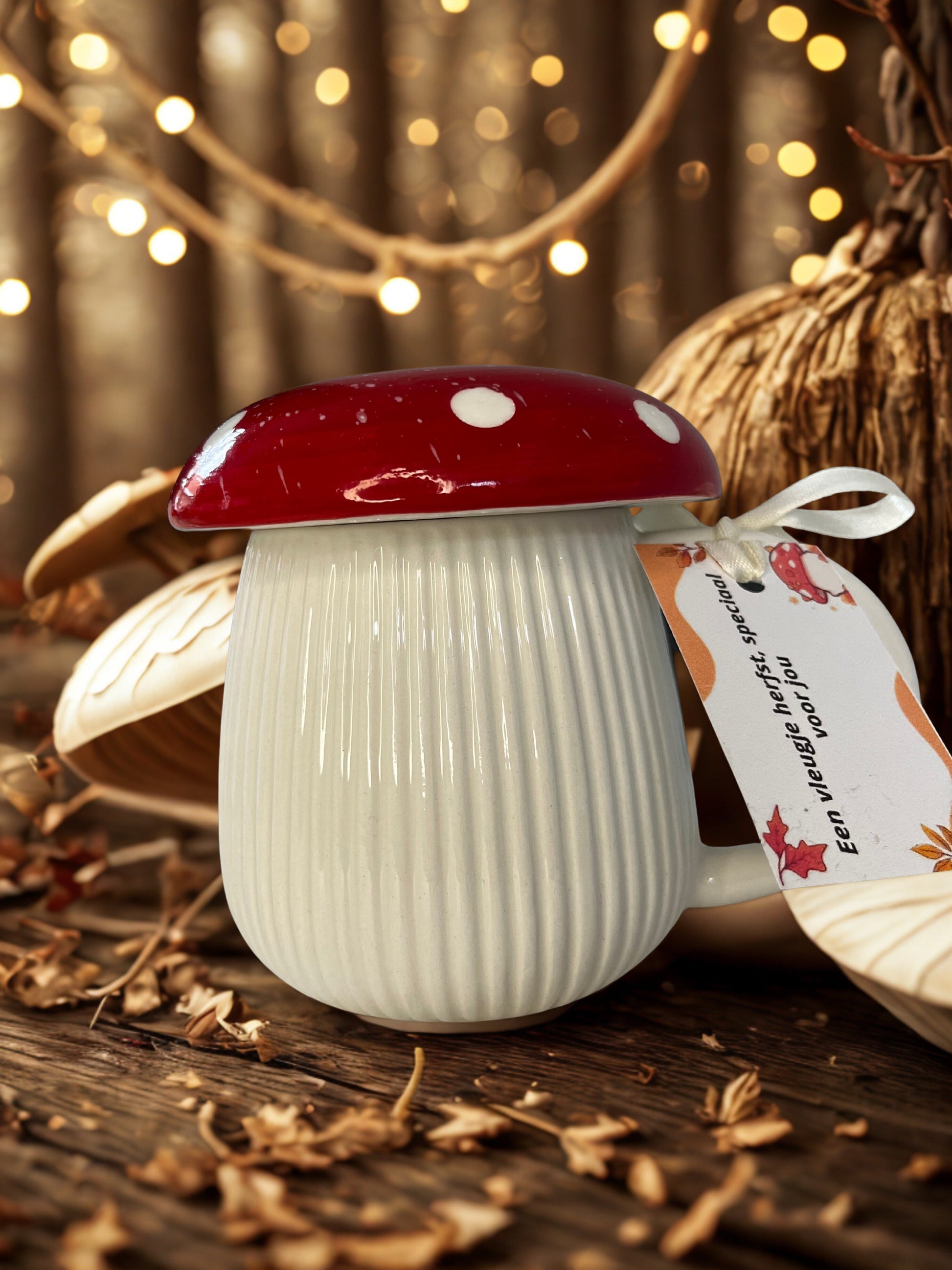 Herfst Cadeauset – Geurkaars in Gekleurde Paddenstoelmok + Beker Karamela Kaarsen
