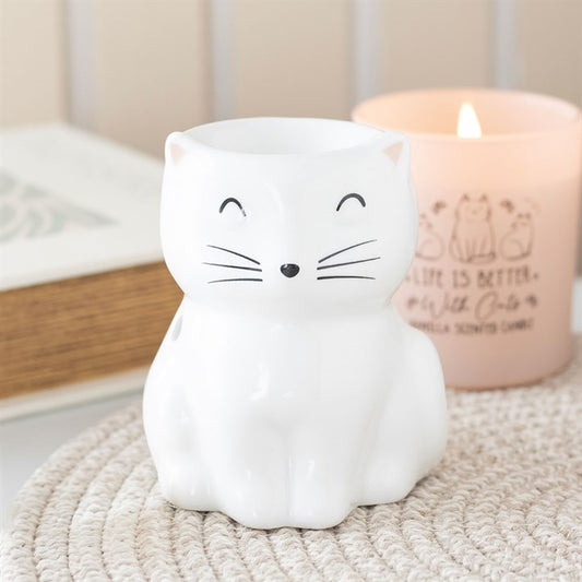 White Happy Cat Oil Burner – Keramische Kat Aromabrander voor Geuroliën & Waxmelts