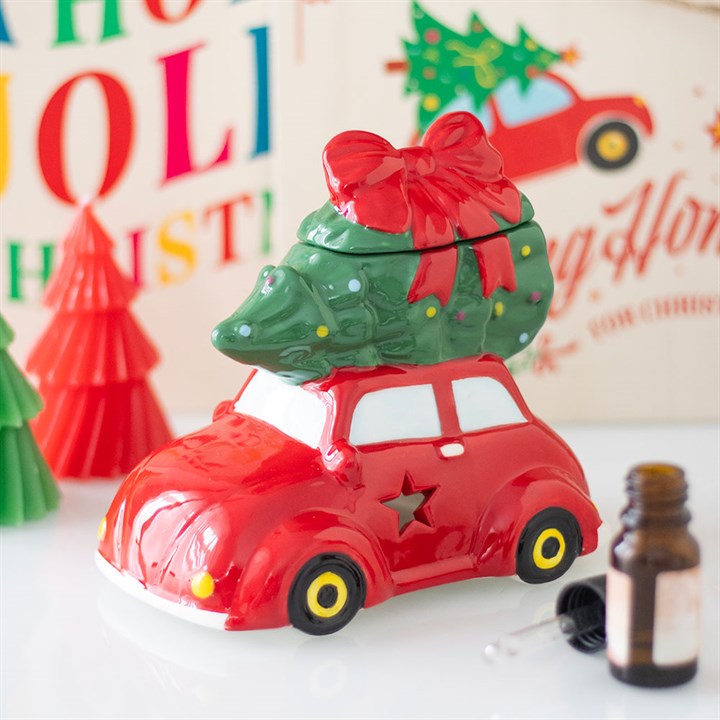 Vintage keramische oliebrander & wax melt burner – rode auto met kerstboom Karamela Kaarsen