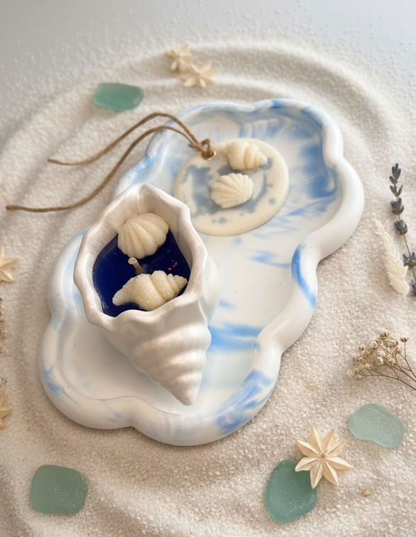 Ocean Breeze Gift Set – Schelpkaars, Geurtablet & Decoratieve Tray