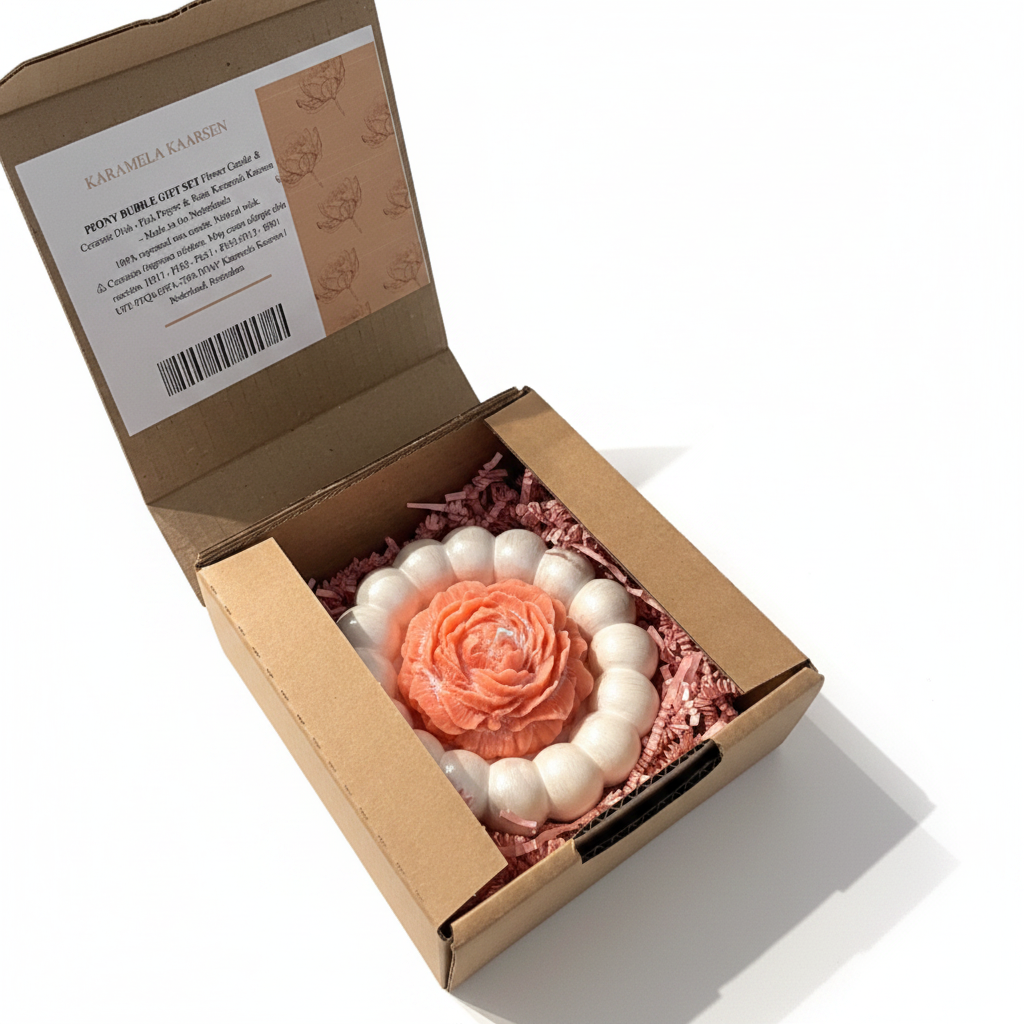 Peony Bubble Geschenkset – Artisanale Bloemenkaars met Keramische Onderzetter