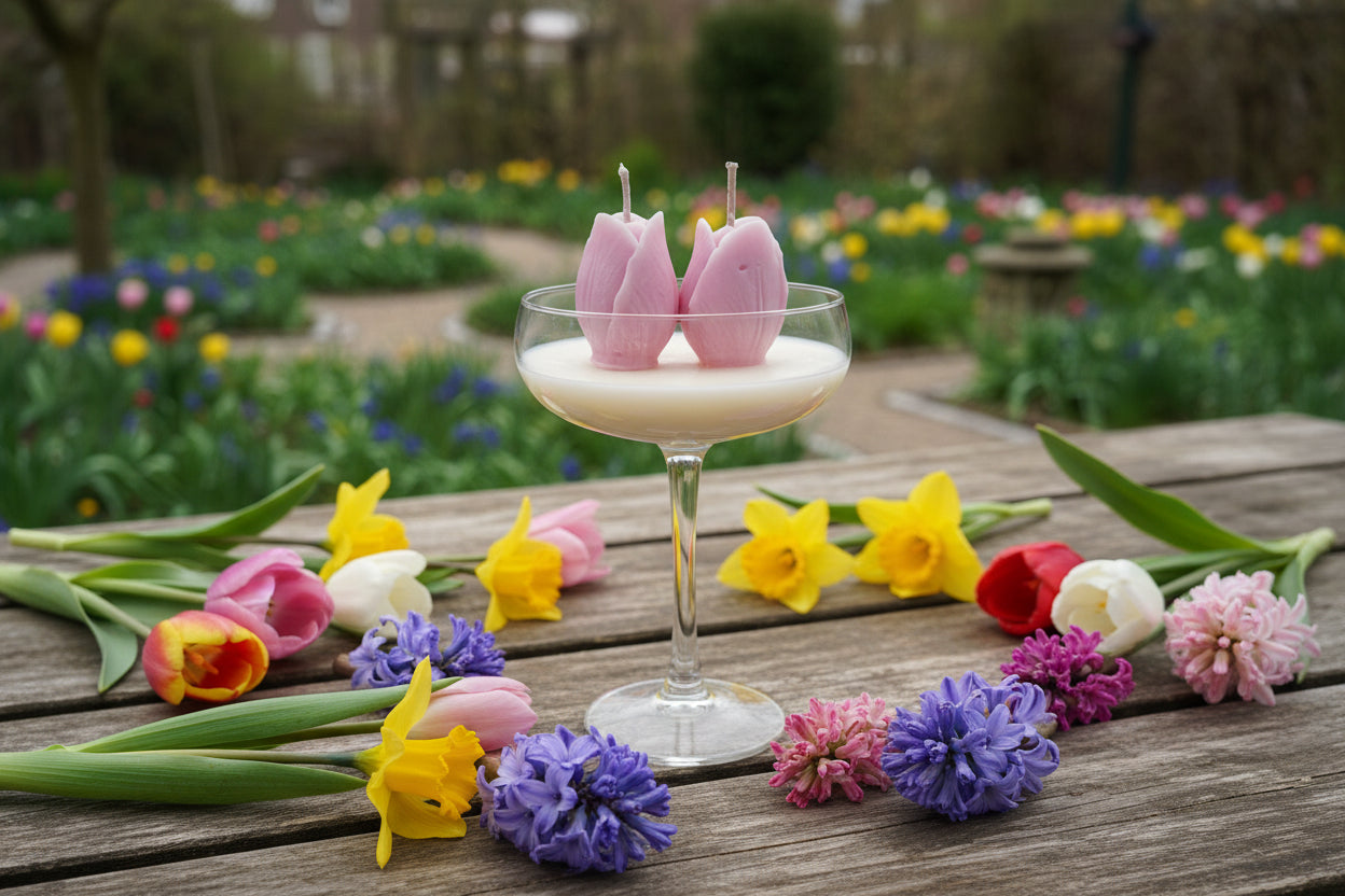 Handgemaakte kaars met drie tulpen - Lentebloemen geur Karamela Kaarsen
