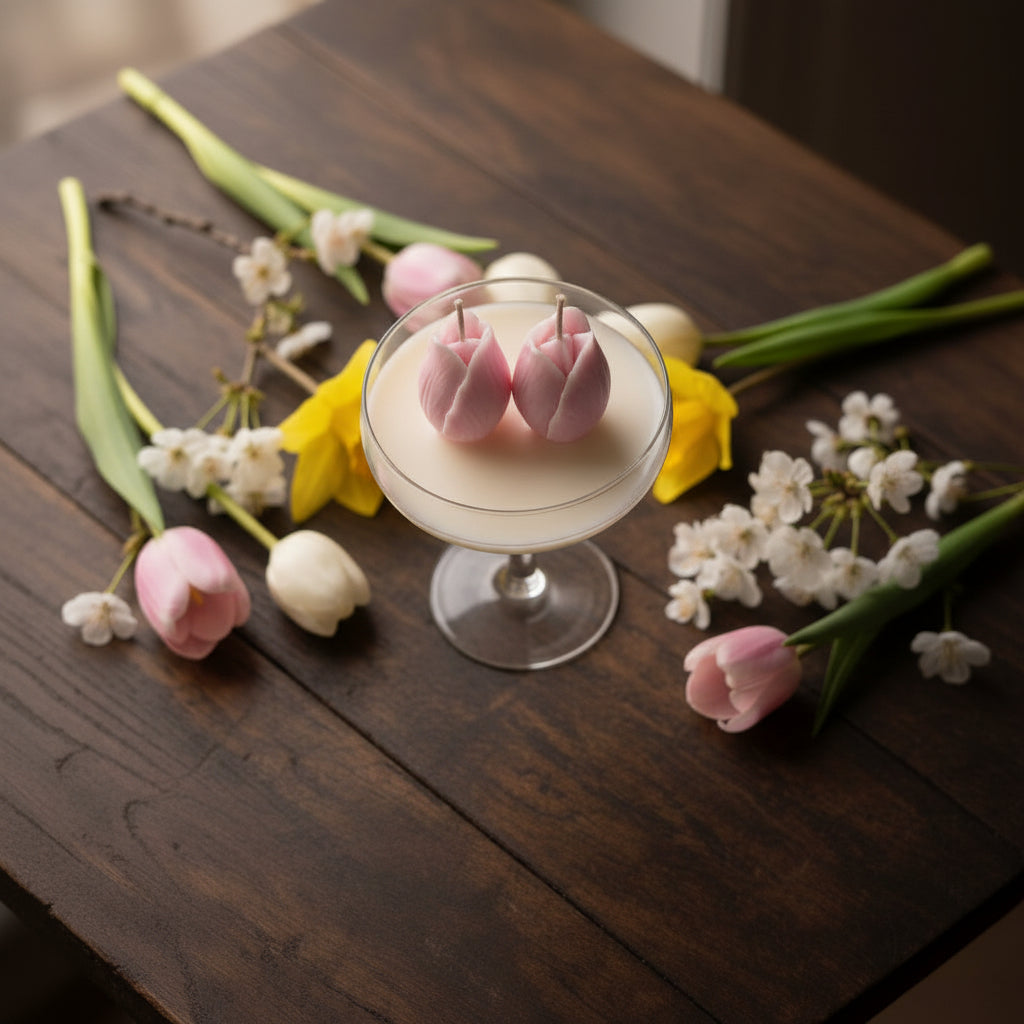 Handgemaakte kaars met drie tulpen - Lentebloemen geur Karamela Kaarsen