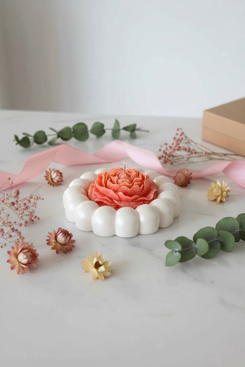 Peony Bubble Kaars – Handgemaakte Luxe Bloemenkaars