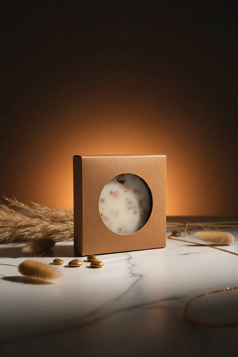 Amber Élégance Geurtablet – Handgemaakte Wax Schijf met Gouden Deeltjes